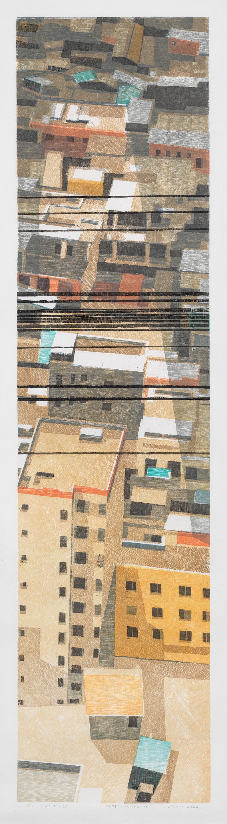 Artwork by Anisuzzaman Sohel, Urban Musings 16, Made of woodcut on paper