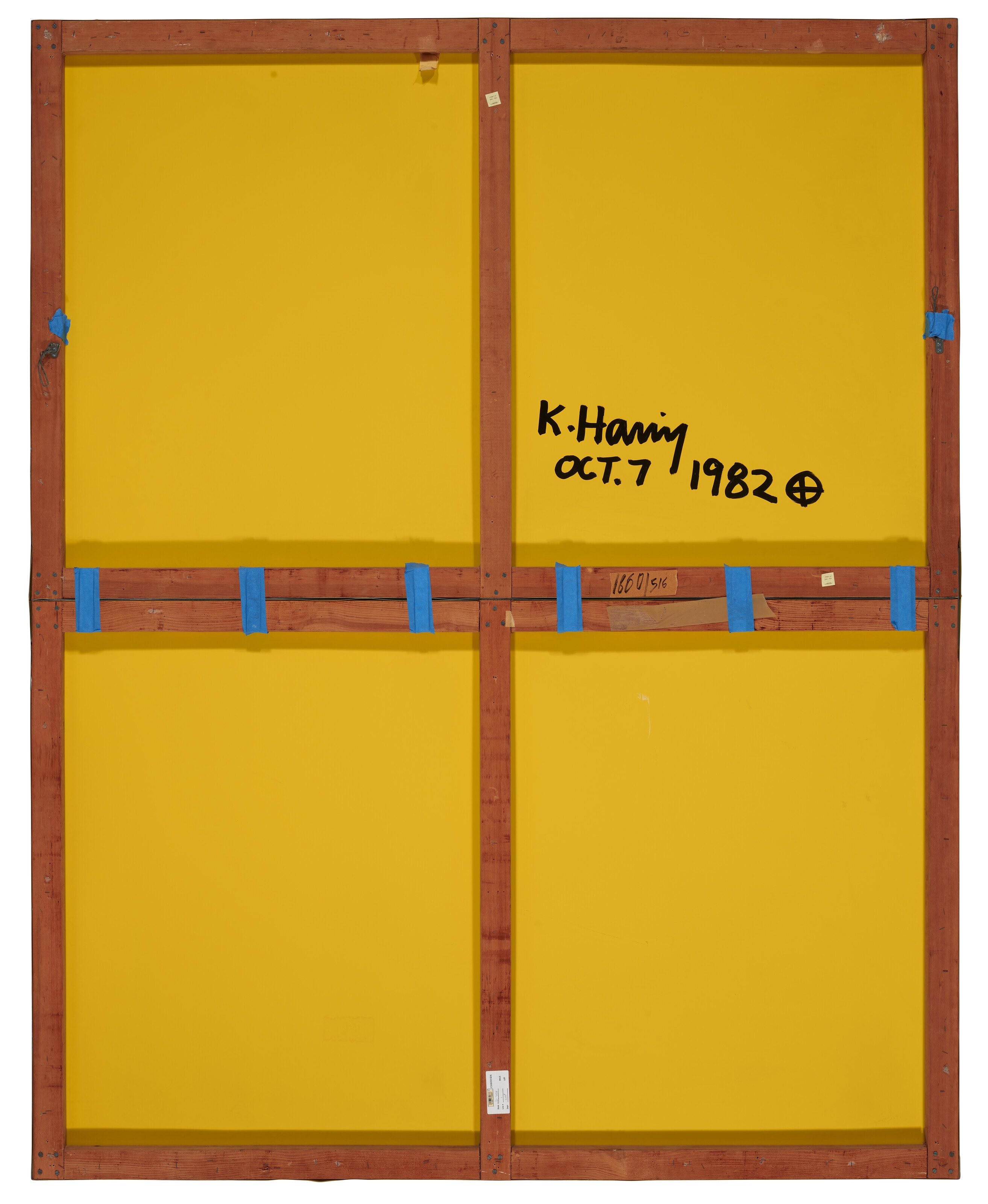 Artwork by Keith Haring, Untitled, Made of enamel and DayGlo on metal, in artist's painted frame