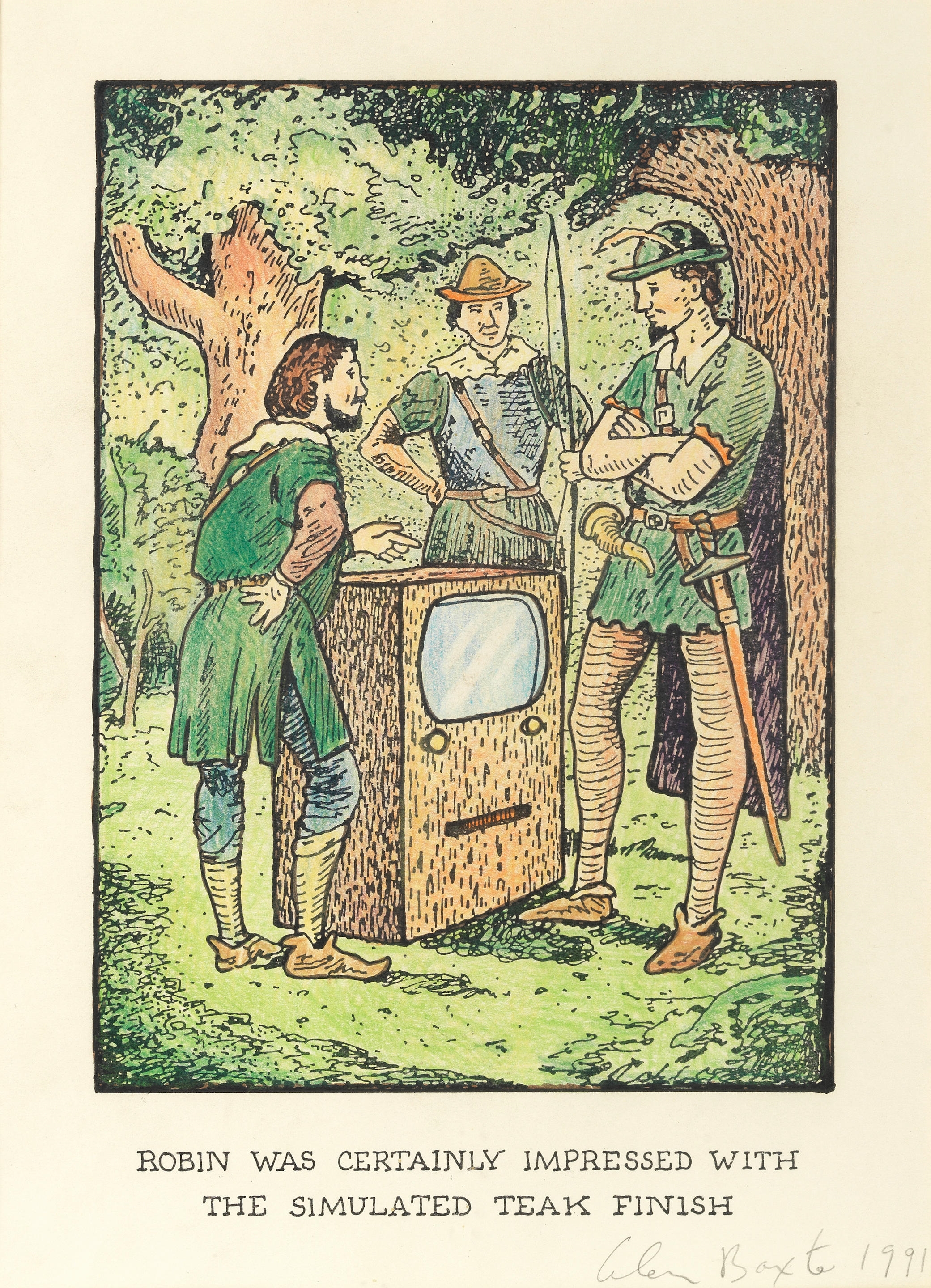 Artwork by Glen Baxter, "Robin was certainly impressed with the simulated teak finish", Made of pen, ink and coloured crayon