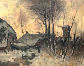 Molen in winterlandschap met ondergaande zon - Gerardus Johannes Roermeester