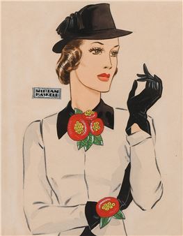 Brunette beauty modeling a large Miriam Haskell grape cluster brooch and grape-motif bracelet - Miriam Haskell