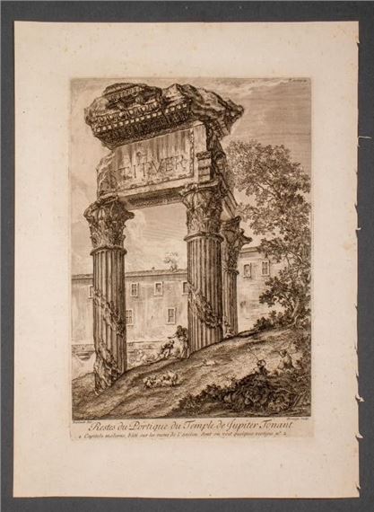 A monochromatic etching of a classical ruin featuring two columns supporting a broken entablature.
