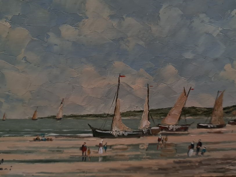 Artwork by Pierre Stefani, Boats and fishermen at low tide, Made of Oil on panel
