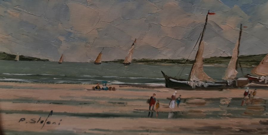 Artwork by Pierre Stefani, Boats and fishermen at low tide, Made of Oil on panel