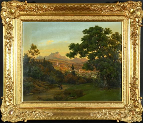 Bewaldete Landschaft mit Stadtansicht vor Gebirgskulisse bei Sonnenuntergang by Georg Köbel, 1849