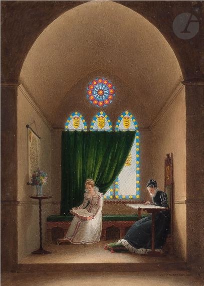 Scène troubadour, jeune femme et sa dame de compagnie dans un intérieur gothique by Auguste Garnerey, 1821