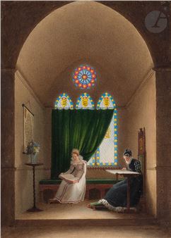 Scène troubadour, jeune femme et sa dame de compagnie dans un intérieur gothique - Auguste Garnerey