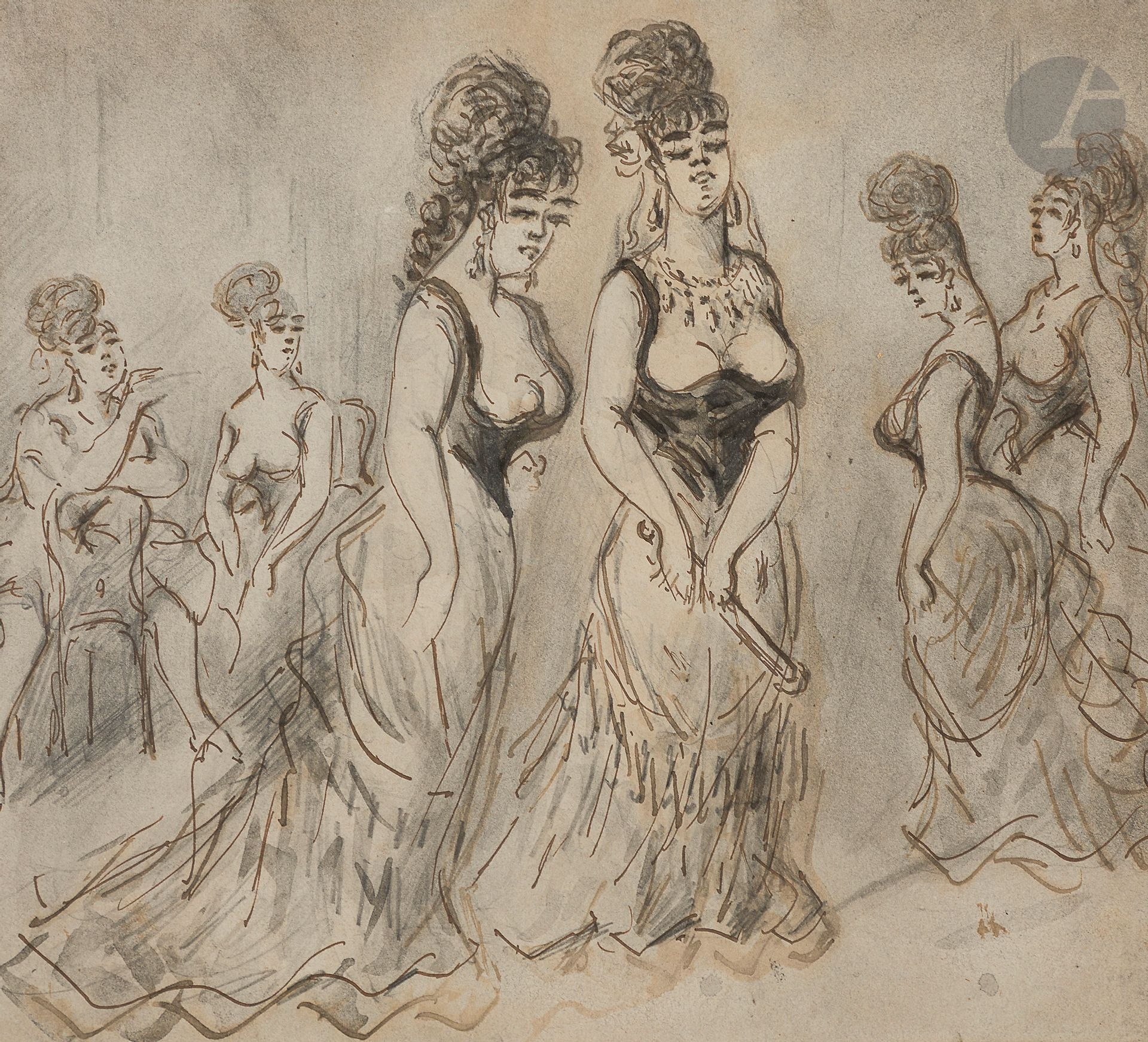 Artwork by Constantin Guys, Femmes au bordel, Made of Pen, brown ink over black pencil lines and gray wash