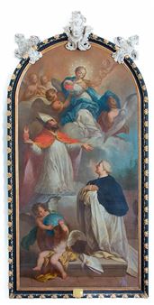 Santíssima Trindade com Sagrada Família, São Francisco, São Domingos, São João Evangelista e Anjos - André Gonçalves