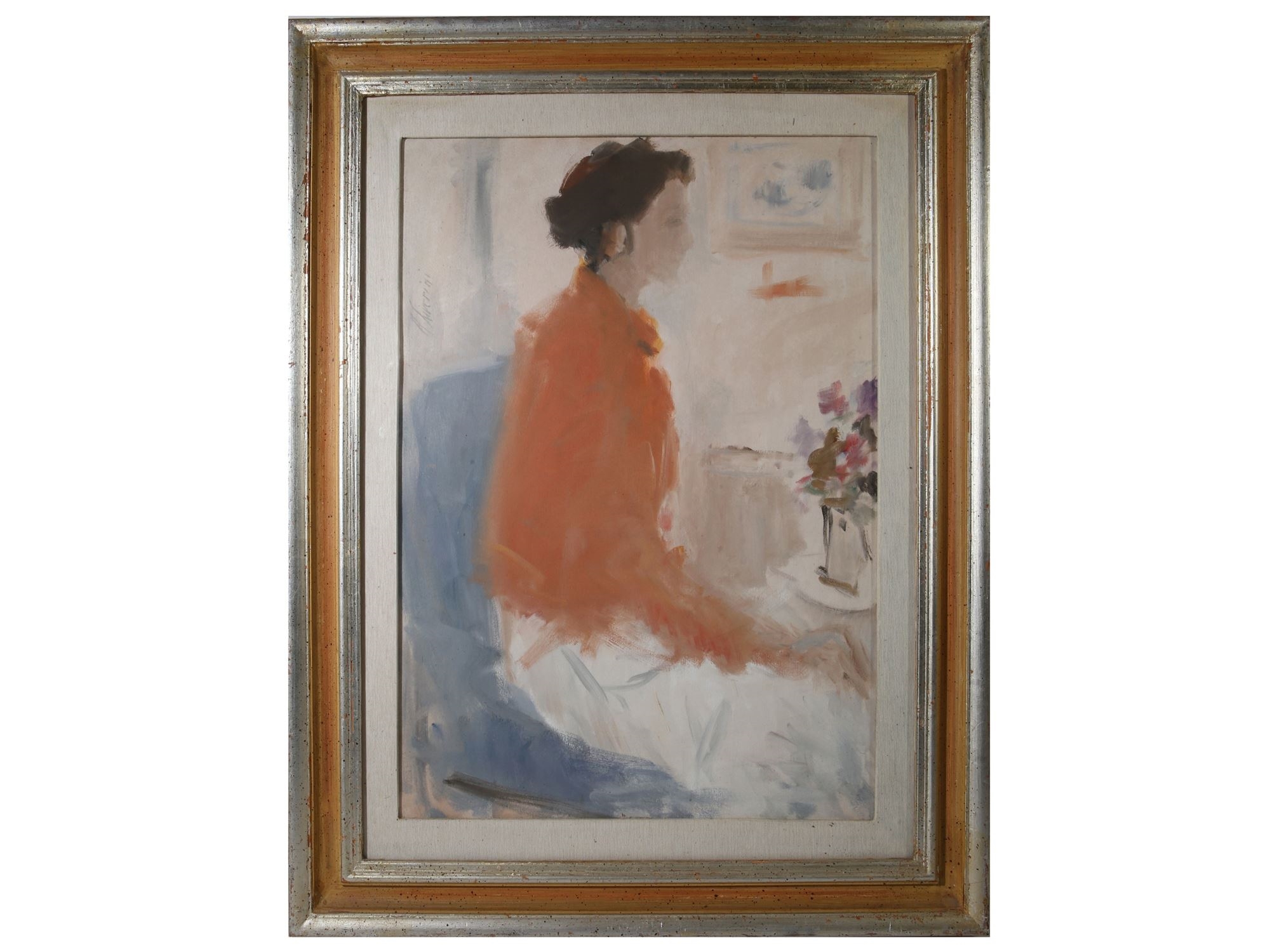 Artwork by Angiolo Liverini, Woman with flowers, Made of oil on canvas