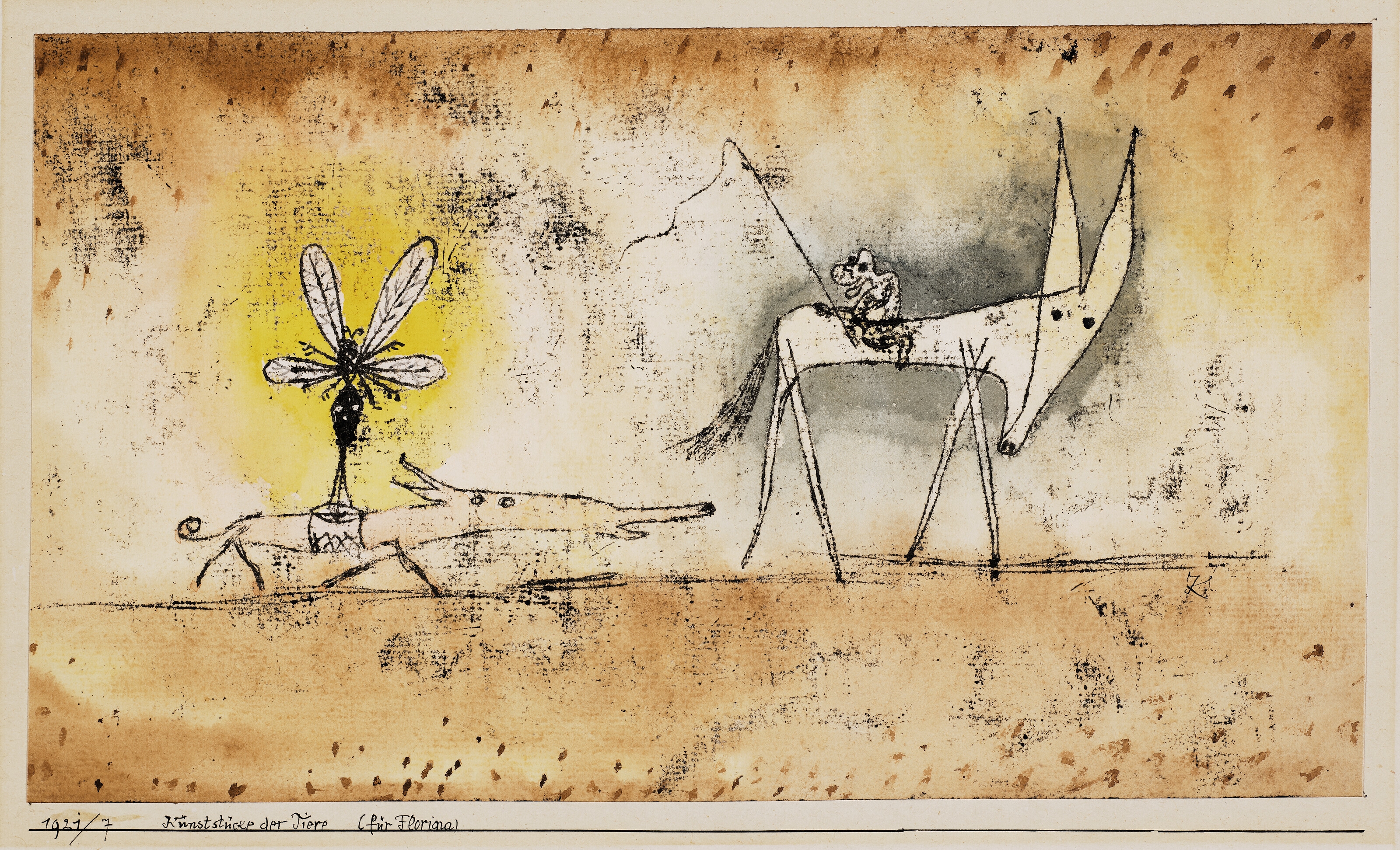 Artwork by Paul Klee, Kunststücke der Tiere (Für Florina), Made of oil transfer and watercolor on paper mounted by the artist on card