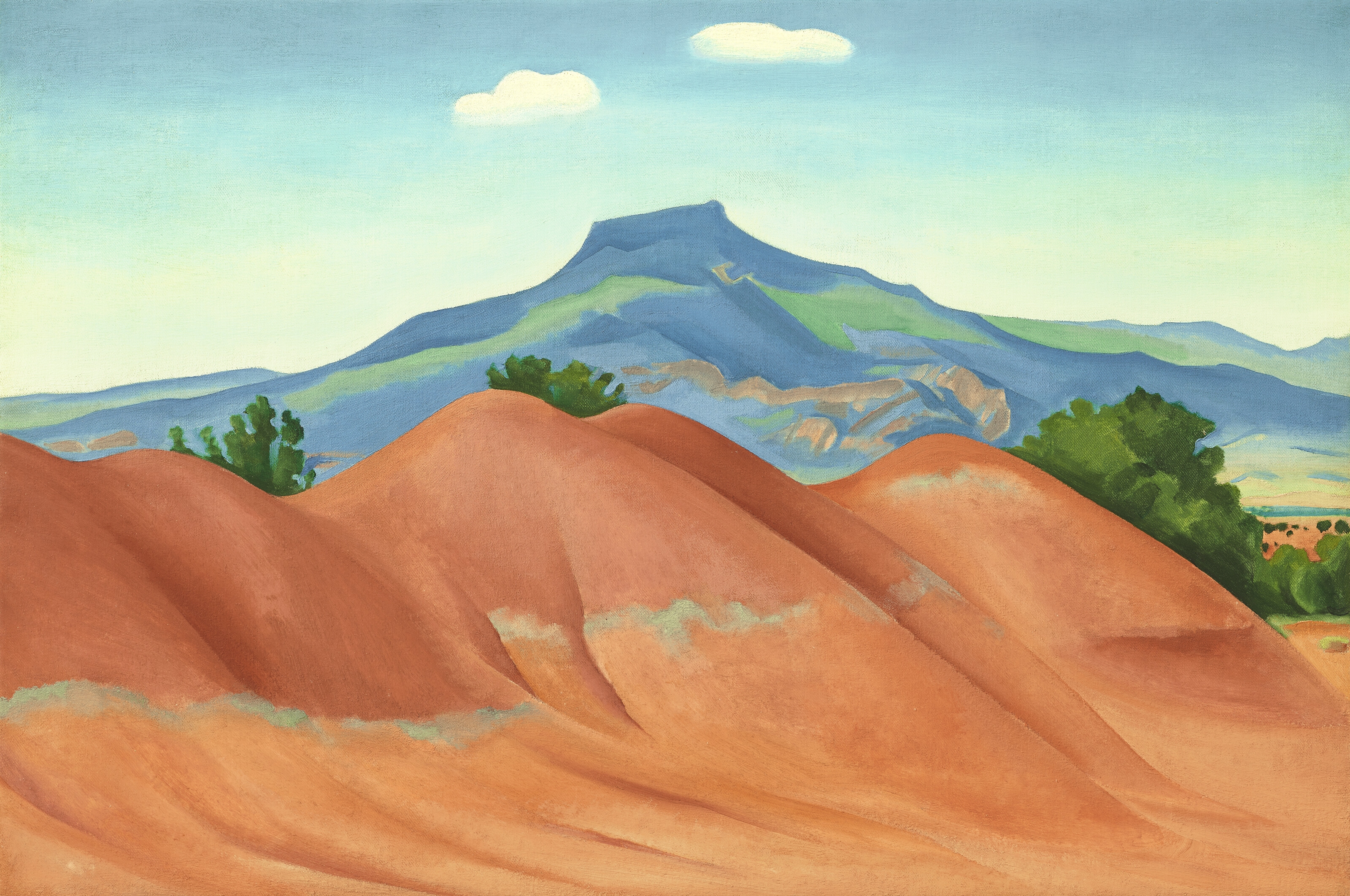 Artwork by Georgia O'Keeffe, Red Hills with Pedernal, White Clouds, Made of oil on canvas