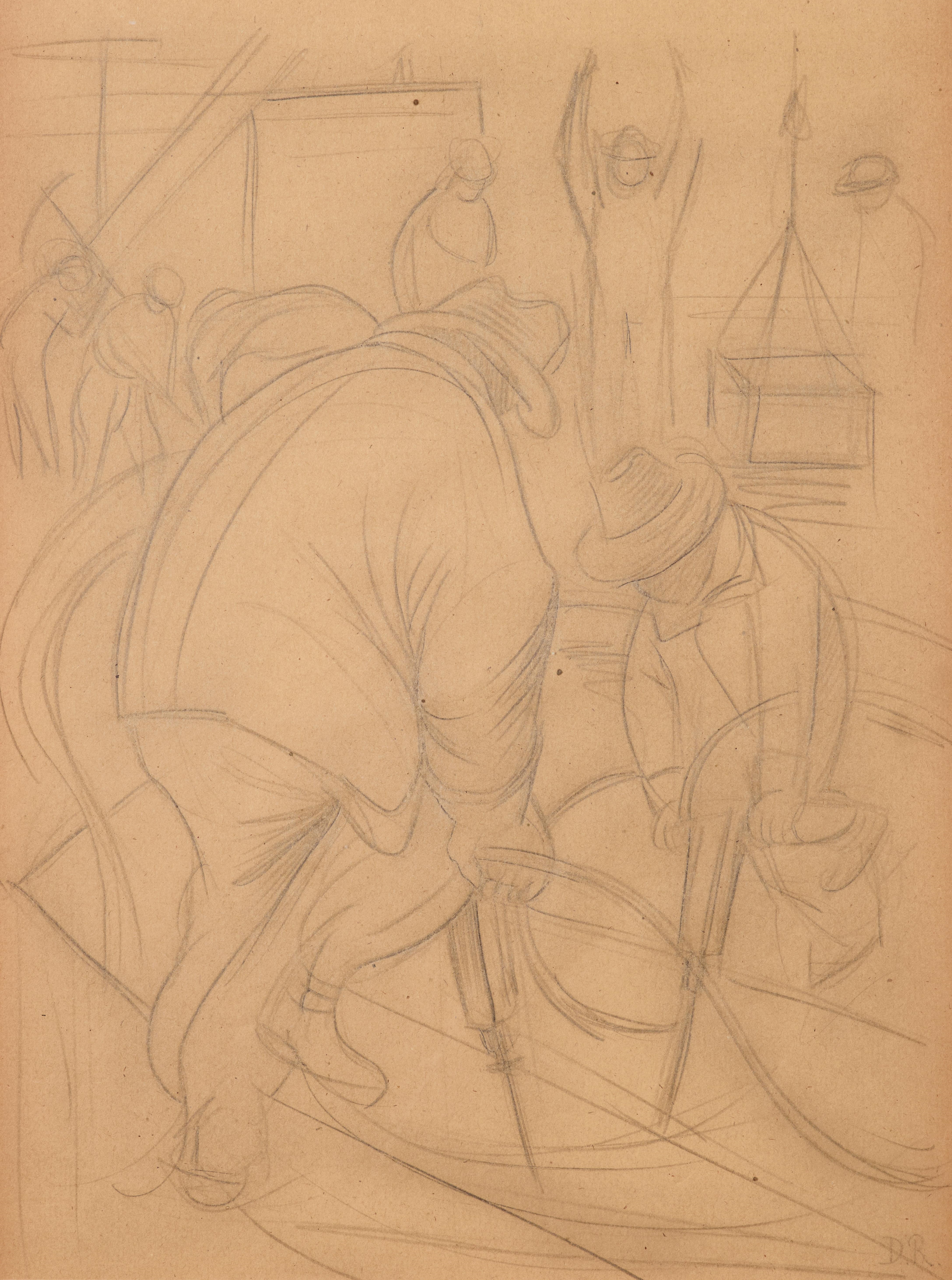 Artwork by Diego Rivera, Study for Pneumatic Drilling (Taladro neumático), Made of pencil on paper
