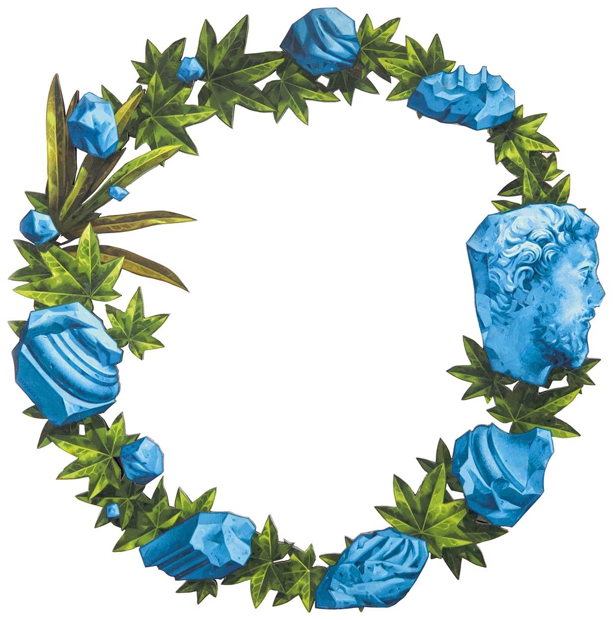 Artwork by Márton Barabás, Roman Facial Fragments in a Wreath, Made of Oil on wood
