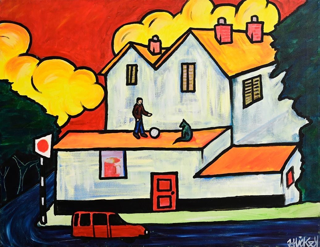 Artwork by Joby Hickey, Playing on the Roof, Made of acrylic on canvas