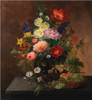 Summer blooms and a basket of fruit - Henriette Melchior