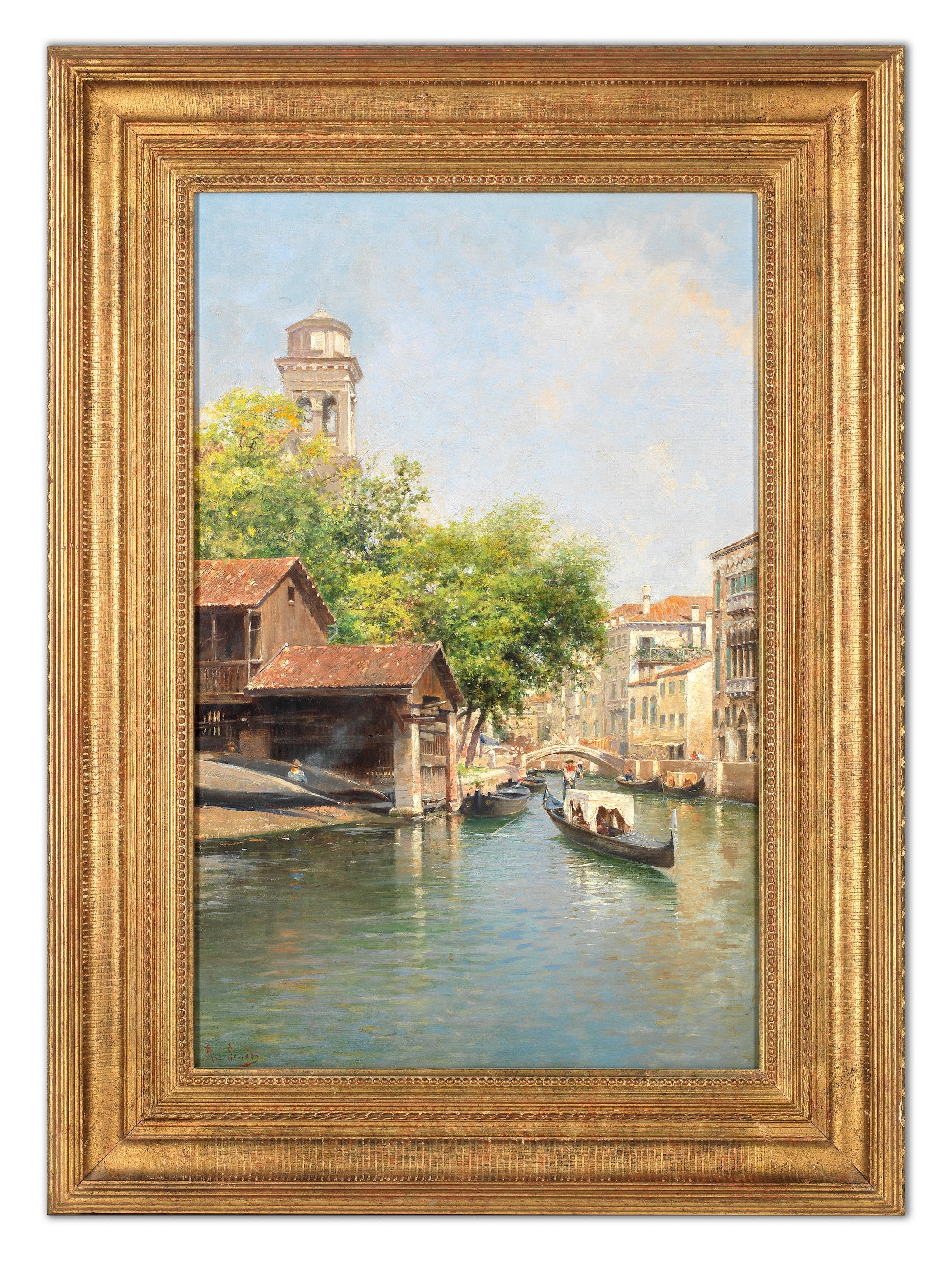 Artwork by Rafael Senet, The gondola workshop of San Trovaso, Venice; Gondolas on a Venetian canal, a pair, Made of oil on canvas