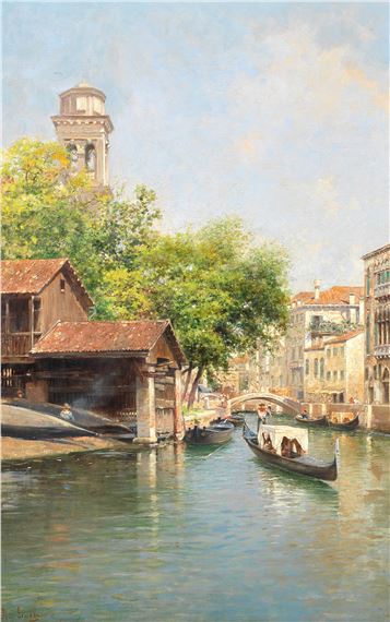 The gondola workshop of San Trovaso, Venice; Gondolas on a Venetian canal, a pair by Rafael Senet