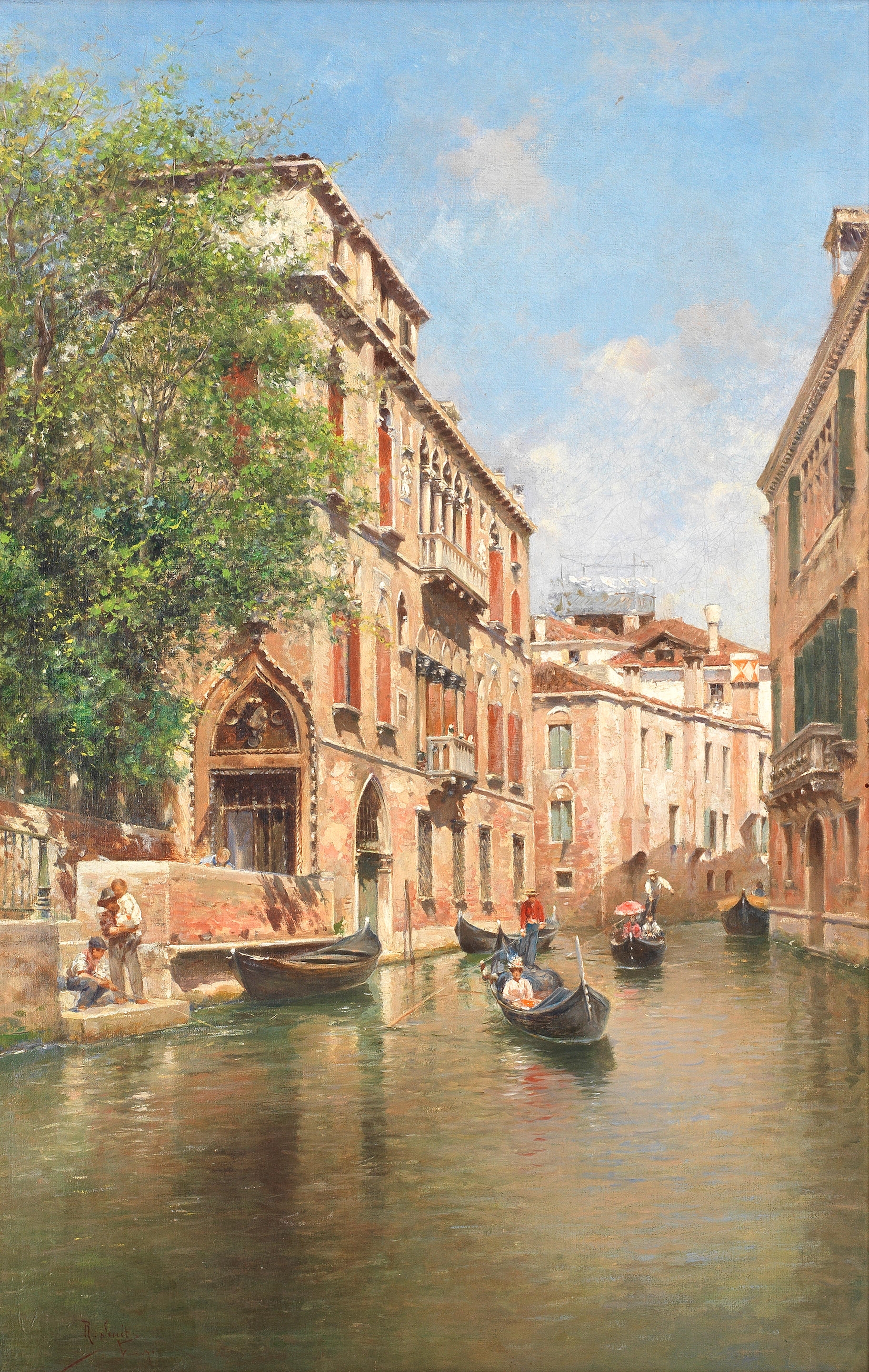 Artwork by Rafael Senet, The gondola workshop of San Trovaso, Venice; Gondolas on a Venetian canal, a pair, Made of oil on canvas