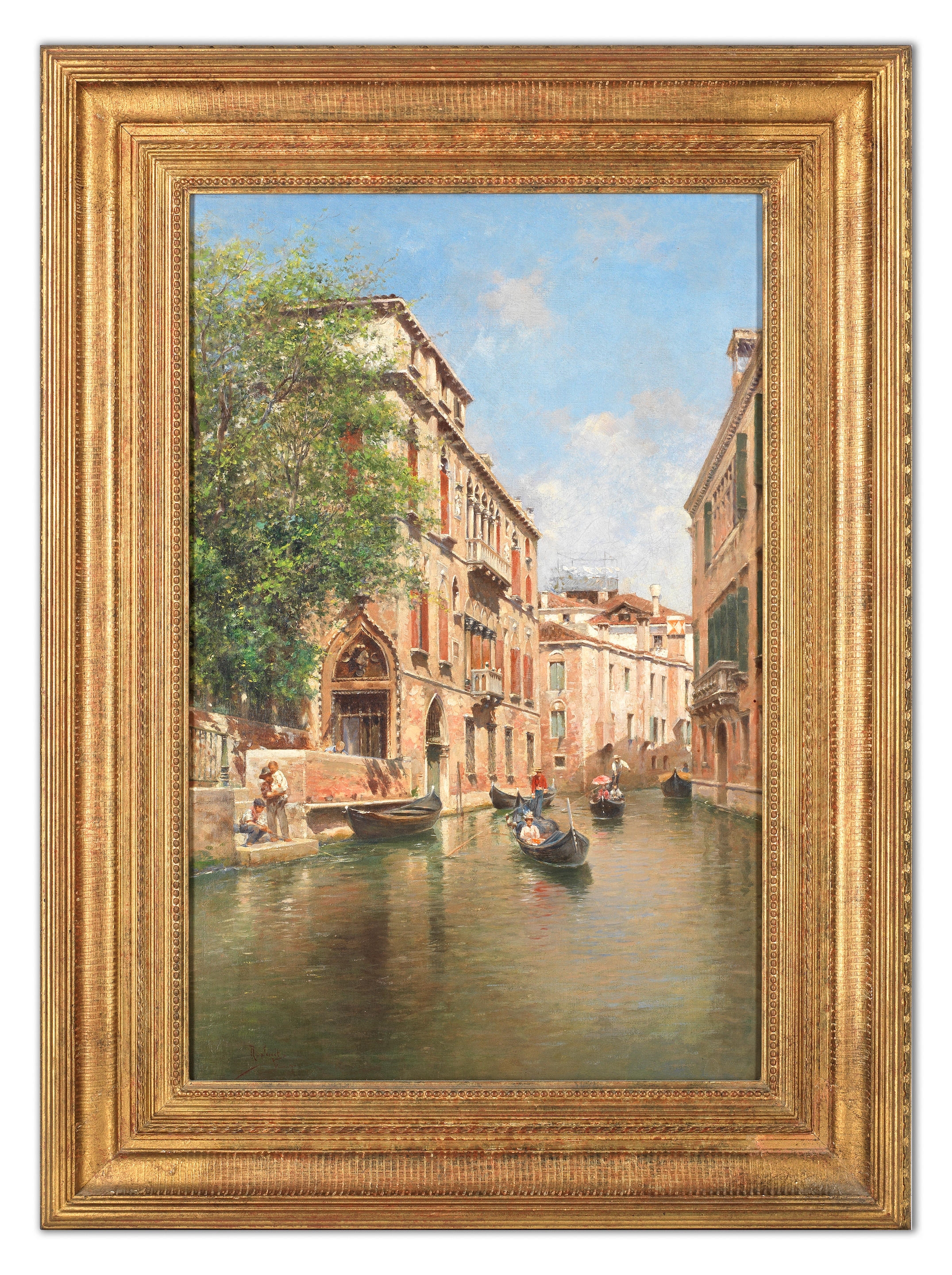 Artwork by Rafael Senet, The gondola workshop of San Trovaso, Venice; Gondolas on a Venetian canal, a pair, Made of oil on canvas