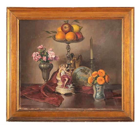 NATURA MORTA DI PORCELLANE, MAIOLICHE, FIRI E TRIONFO DI FRUTTA NATURA MORTA DI PORCELLANE, ARGENTI E FIORI DI CILIEGIO by Carlo Romagnoli