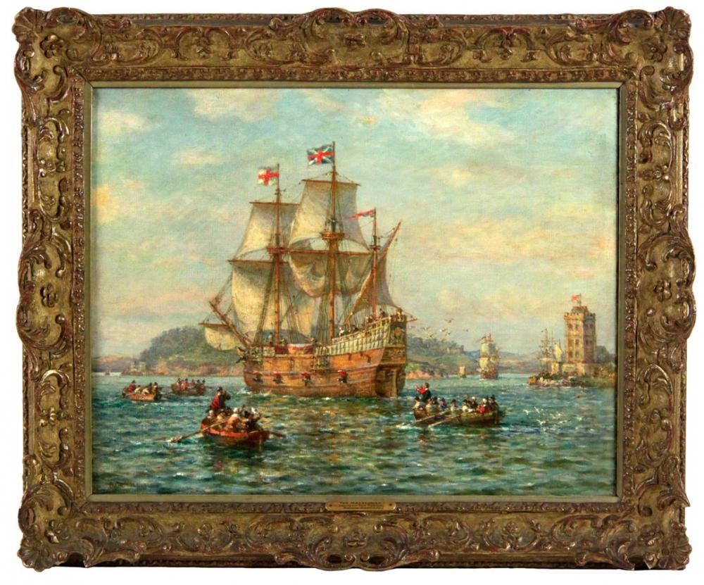 Artwork by Bernard Finegan Gribble, * Bernard Finegan Gribble/The Mayflower Setting Sail from Plymouth/signed/oil on canvas, Made of oil on canvas