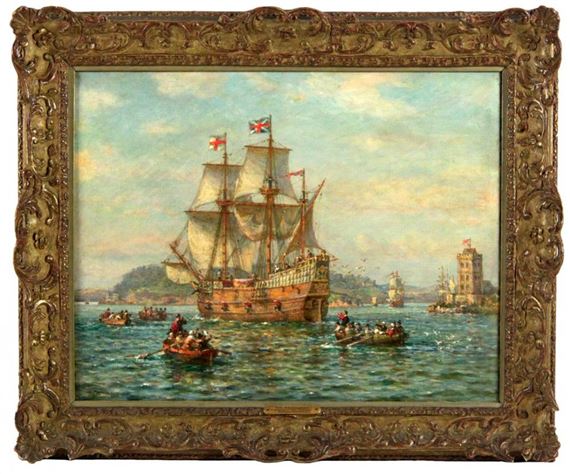* Bernard Finegan Gribble/The Mayflower Setting Sail from Plymouth/signed/oil on canvas by Bernard Finegan Gribble