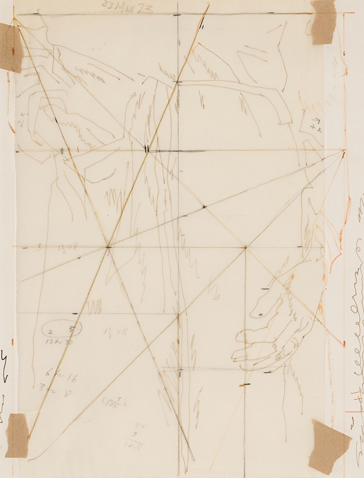 Artwork by Alex Colville, Study for Woman in Bathtub, Made of ink and graphite on paper