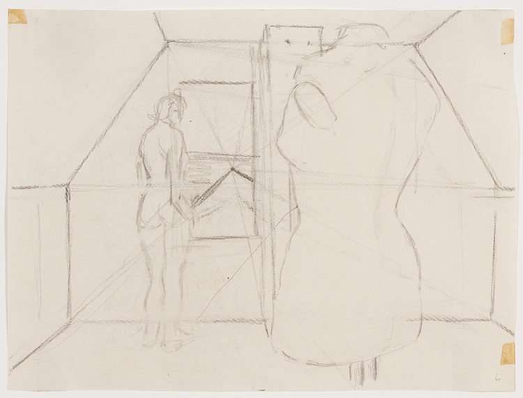 Artwork by Alex Colville, Study for Nude and Dummy, Made of graphite on paper
