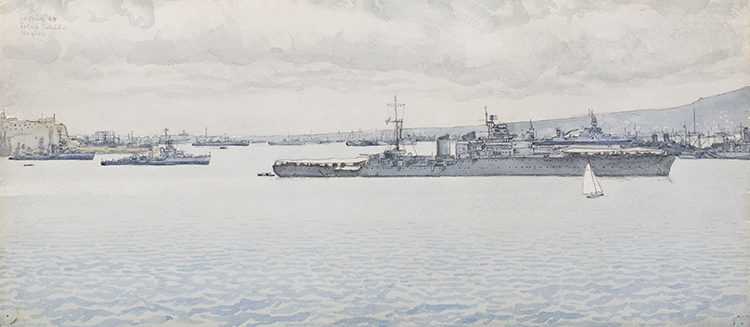 Artwork by Alex Colville, Italian Cruiser in Naples Harbour, Made of watercolour on paper