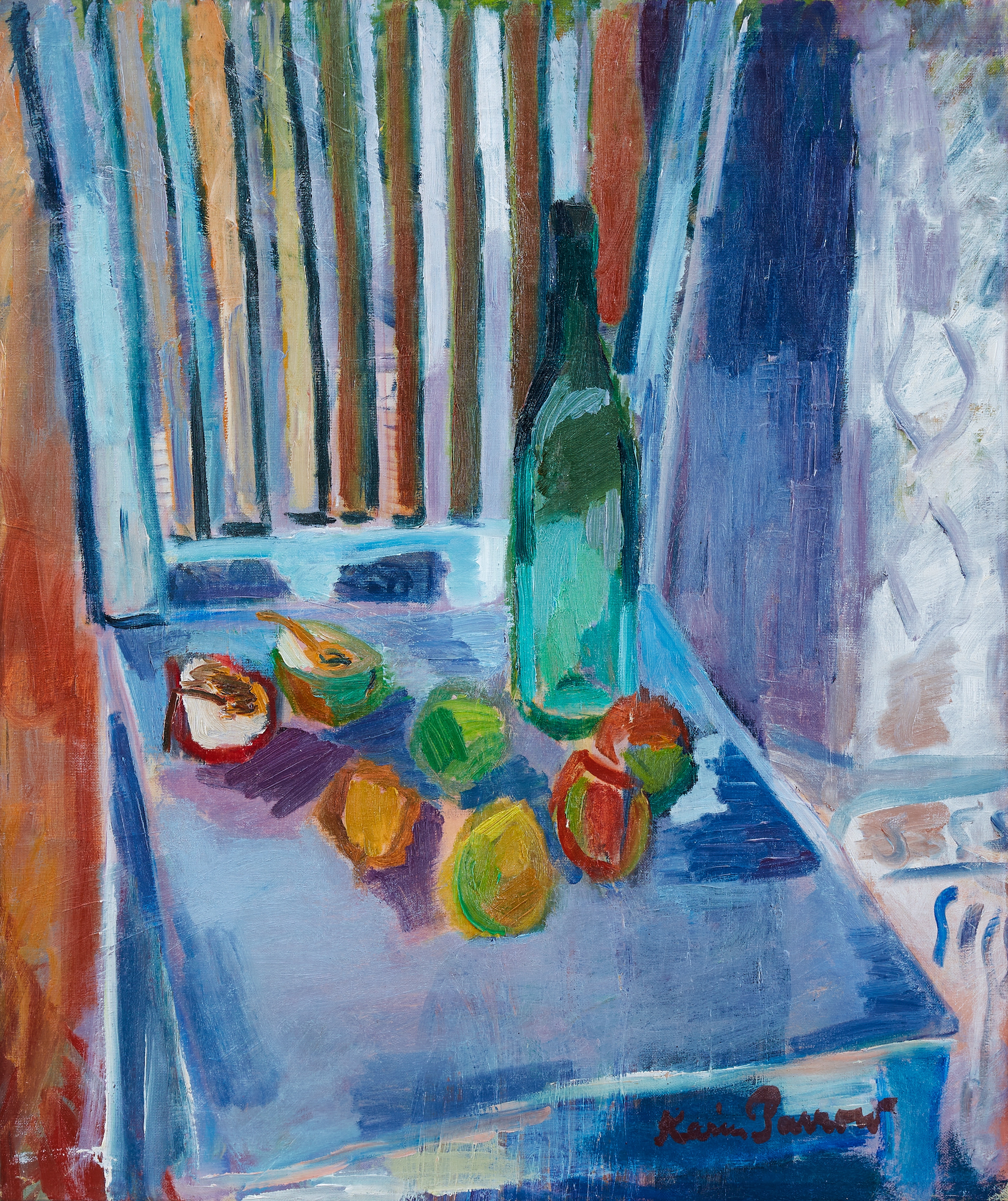 Stilleben med grön flaska och frukt by Karin Parrow