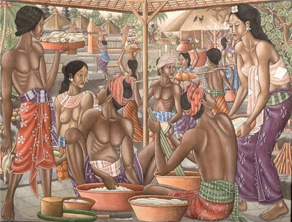 Dewa Putu Bedil (1921-1999)/Preparing the Feast/tempera on canvas by Dewa Putu Bedil