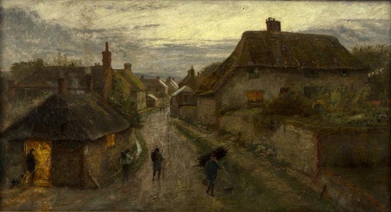Artwork by Alfred Fitzwalter Grace, Alfred Fitzwalter Grace (1844-1903)/The Village Blacksmith/figures and cottages at dusk/signed verso and inscribed with a verse from Longfellow's poem The Village Blacksmith:/Toiling-rejoicing-sorrowing, Made of oil on canvas