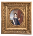 Artwork by Wilhelm August Abel, Miniature portrait of a Lady in a blue dress with harp in front of a river landscape, Made of paper, mounted on