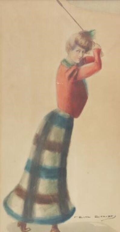 Artwork by F. Earl Christy, Female Golfer, Made of watercolor painting on board