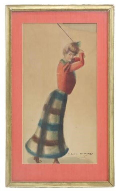 Artwork by F. Earl Christy, Female Golfer, Made of watercolor painting on board