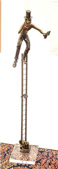 Bronze Sculpture, Mime In Top Hat On Ladder, H 65'' W 15'' - Jerome Soble