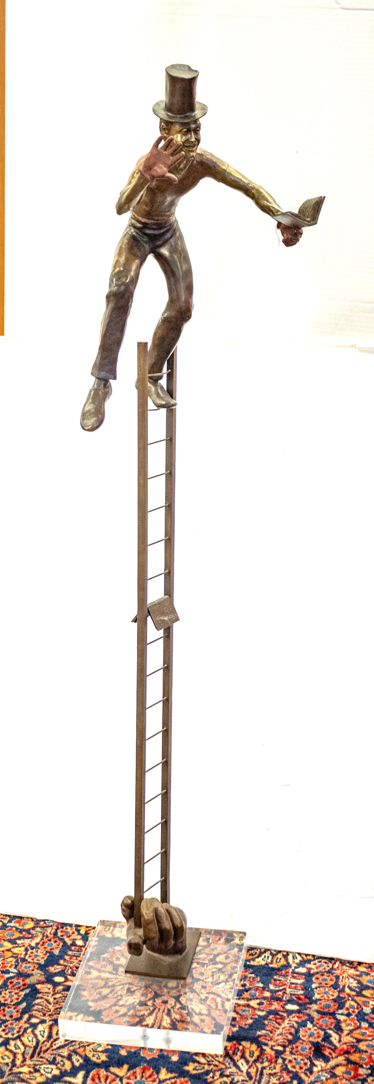 Artwork by Jerome Soble, Bronze Sculpture, Mime In Top Hat On Ladder, H 65'' W 15'', Made of Bronze Sculpture