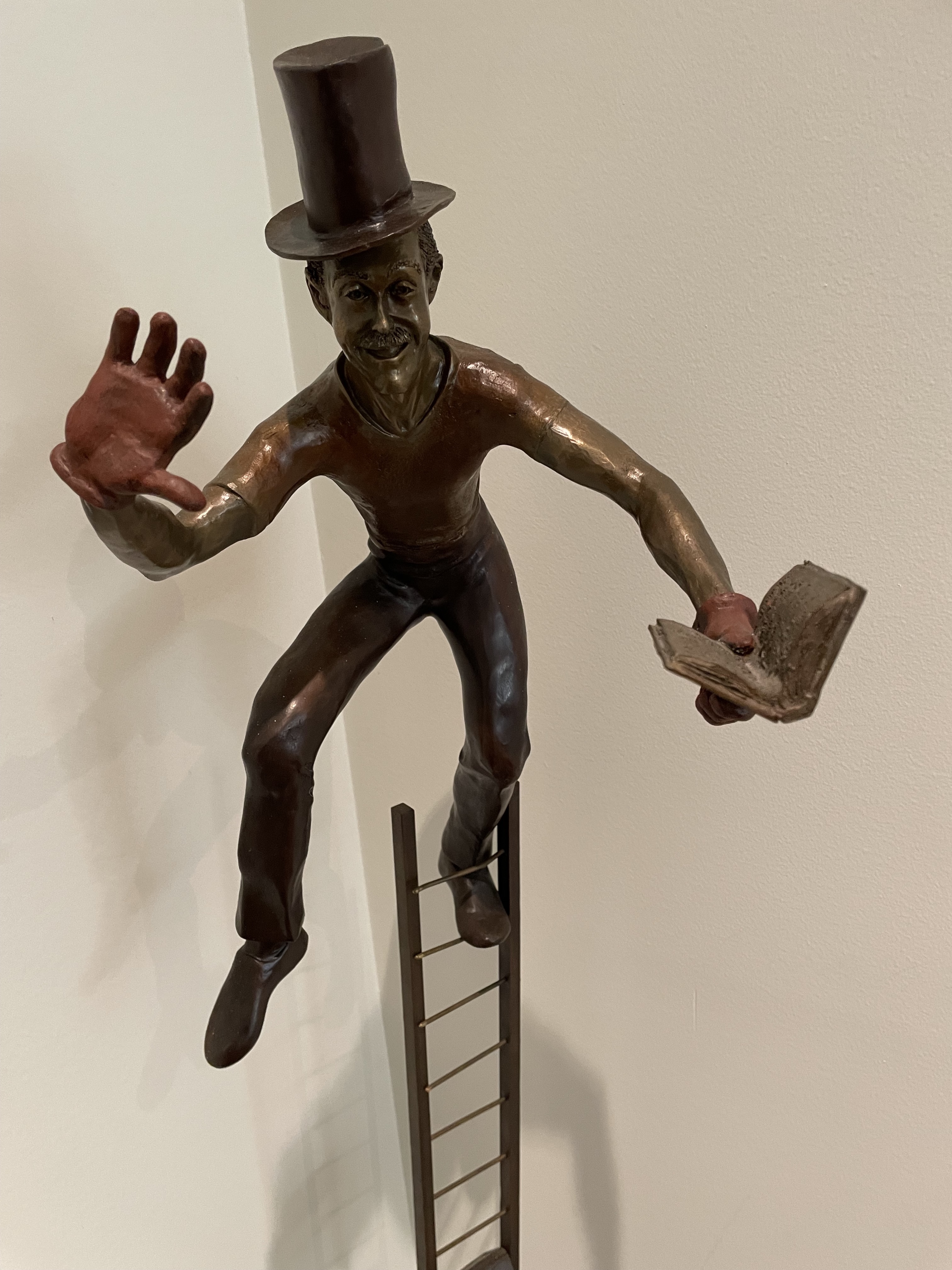 Artwork by Jerome Soble, Bronze Sculpture, Mime In Top Hat On Ladder, H 65'' W 15'', Made of Bronze Sculpture