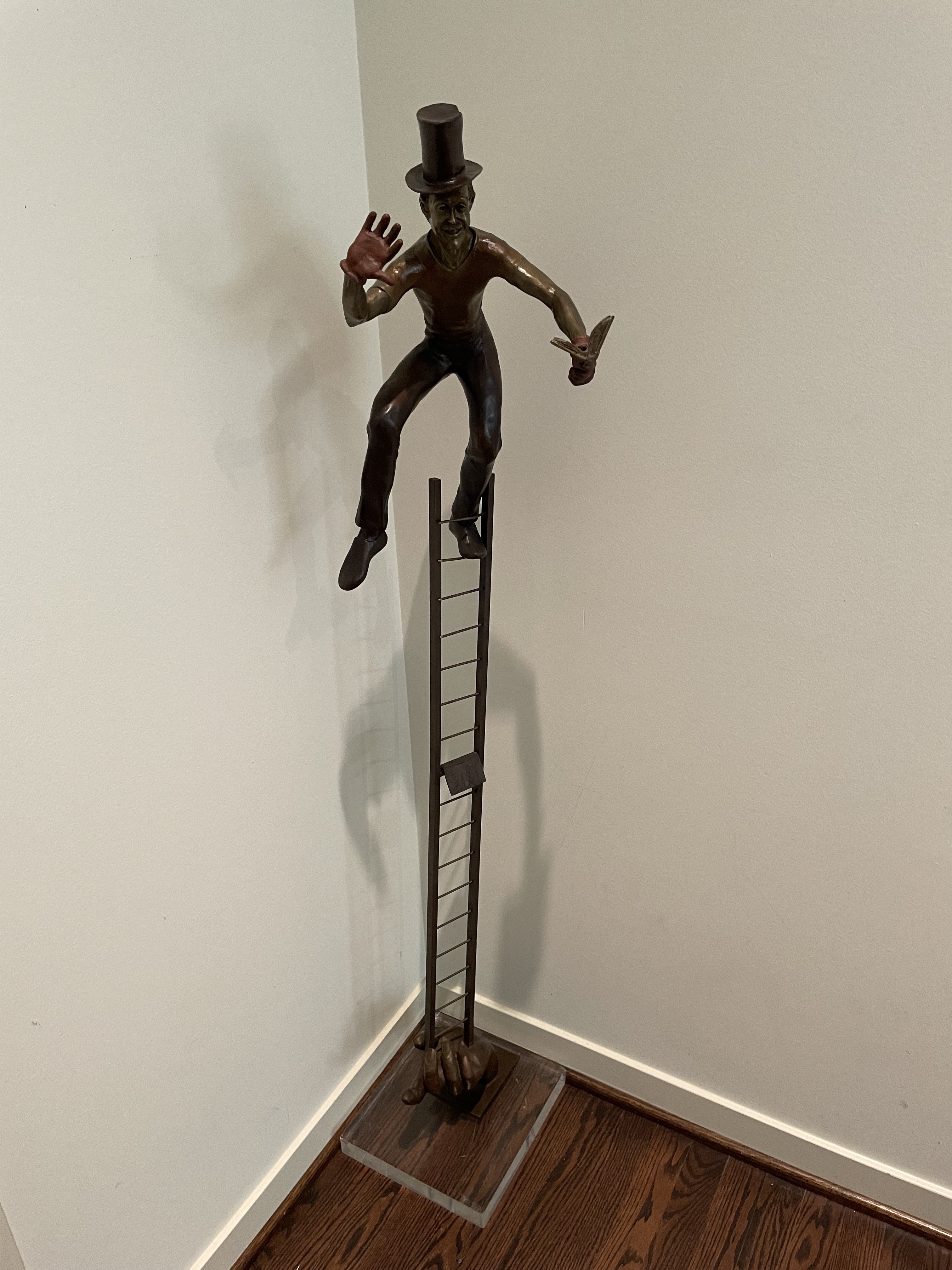 Artwork by Jerome Soble, Bronze Sculpture, Mime In Top Hat On Ladder, H 65'' W 15'', Made of Bronze Sculpture