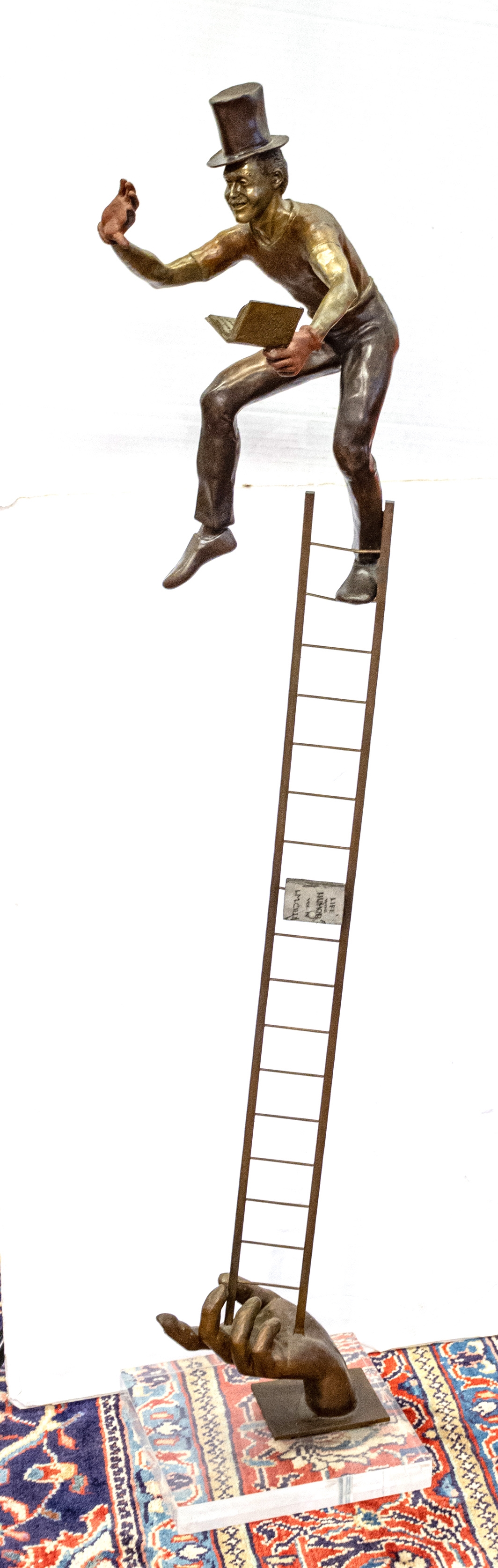 Artwork by Jerome Soble, Bronze Sculpture, Mime In Top Hat On Ladder, H 65'' W 15'', Made of Bronze Sculpture