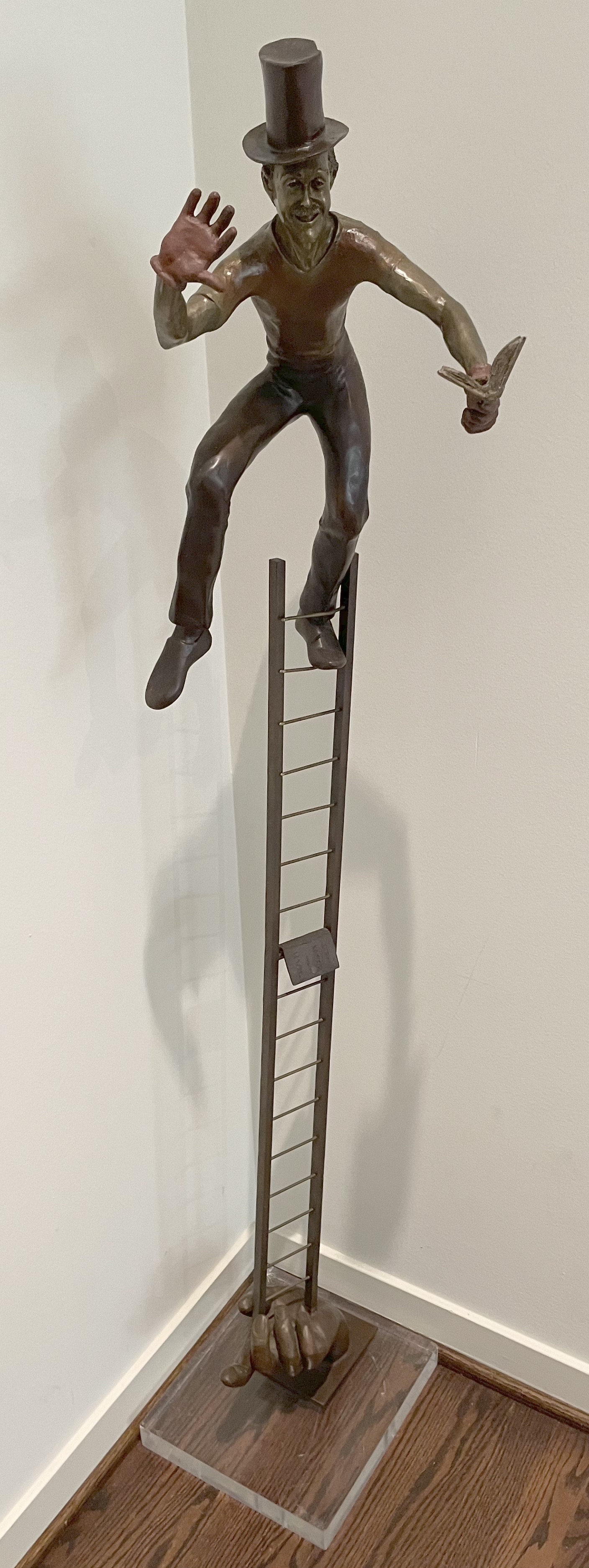 Artwork by Jerome Soble, Bronze Sculpture, Mime In Top Hat On Ladder, H 65'' W 15'', Made of Bronze Sculpture
