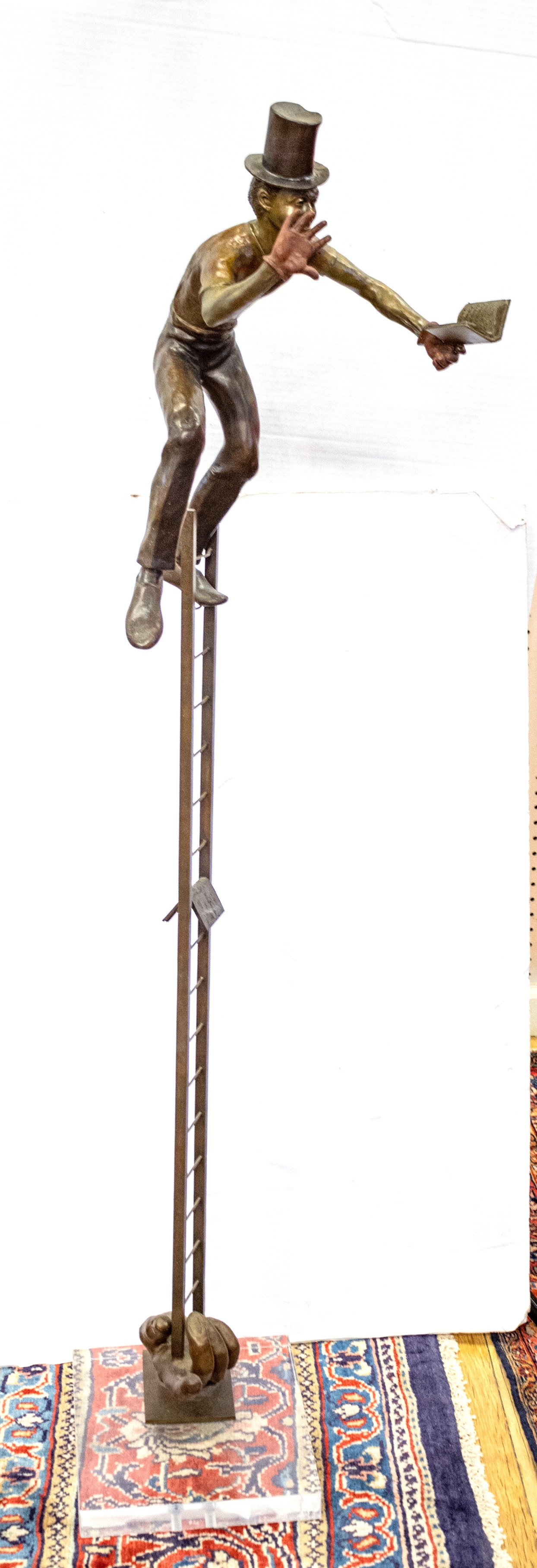 Artwork by Jerome Soble, Bronze Sculpture, Mime In Top Hat On Ladder, H 65'' W 15'', Made of Bronze Sculpture