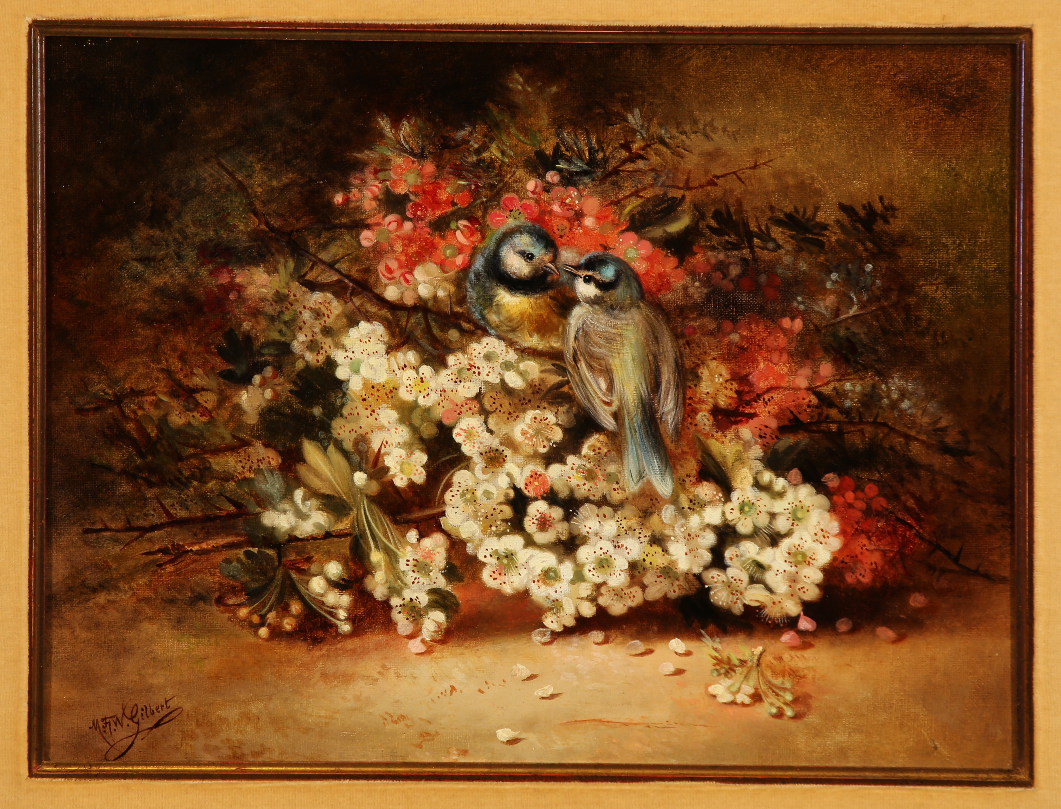 Artwork by Minnie F. W. Gilbert, Meisenpaar in Blütenästen, Made of oil/ canvas