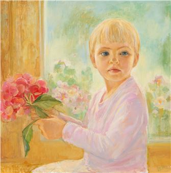 Portrait eines kleinen Mädchens mit Hortensienstrauß - Irina Levina