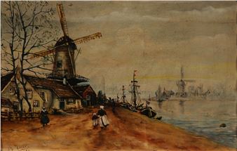 Holländische Küstenlandschaft mit Windmühle und Gebäuden - Ch. Meyer