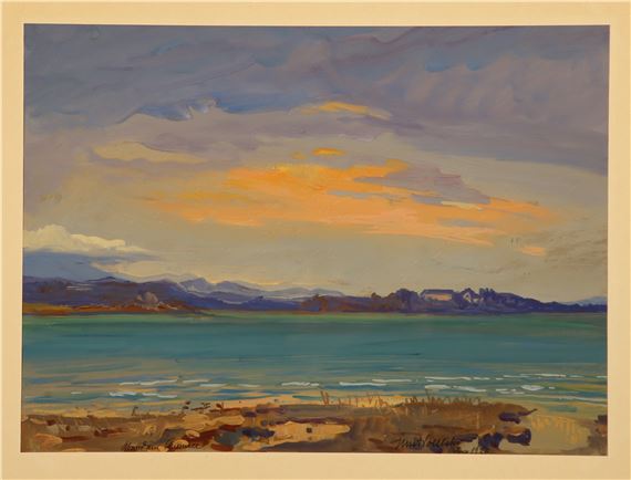 A serene landscape painting of a coastal scene at sunset.
