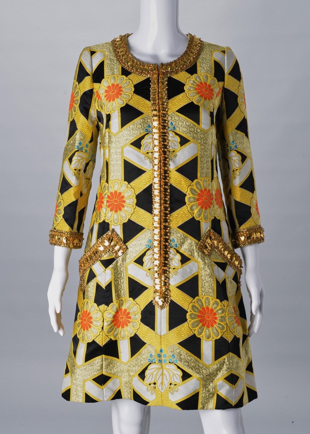 Artwork by Hanae Mori, floral design on black, Made of black, white & yellow