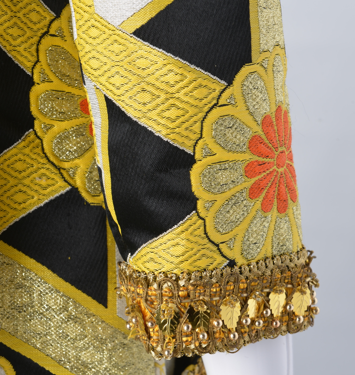 Artwork by Hanae Mori, floral design on black, Made of black, white & yellow