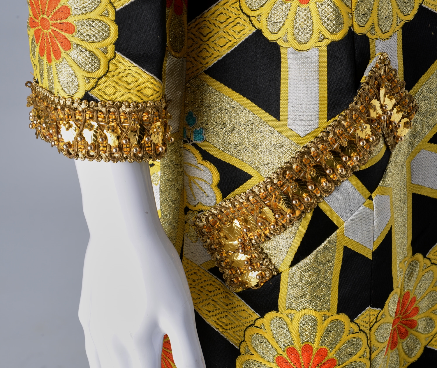 Artwork by Hanae Mori, floral design on black, Made of black, white & yellow